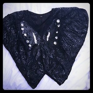 Vintage 70s Silk Disco Butterfly Top Blouse Blk